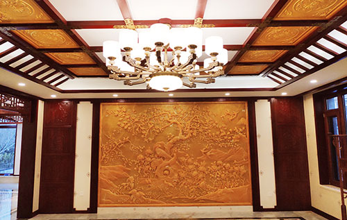 徐水中式别墅客厅中式木作横梁吊顶装饰展示